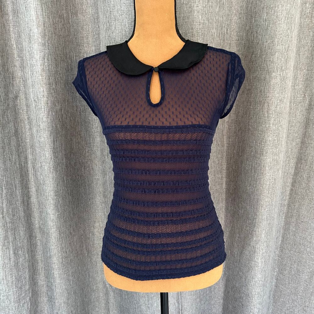 Free People Navy Sheer Mesh Peter Pan Collar Top XS